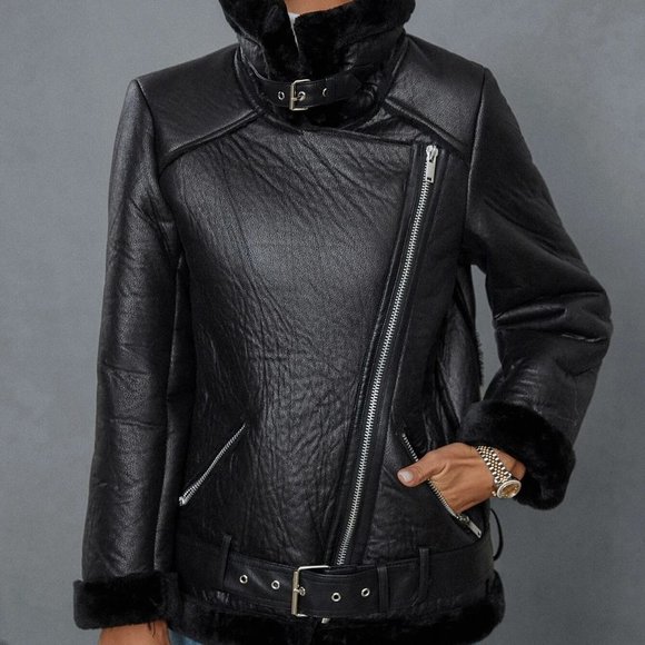 Black Preppy womens Teddy Panel Zip Up Moto Jacket - Picture 5 of 5